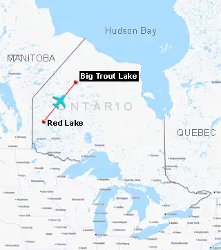 Map showing the route from Armstrong to Big Trout Lake